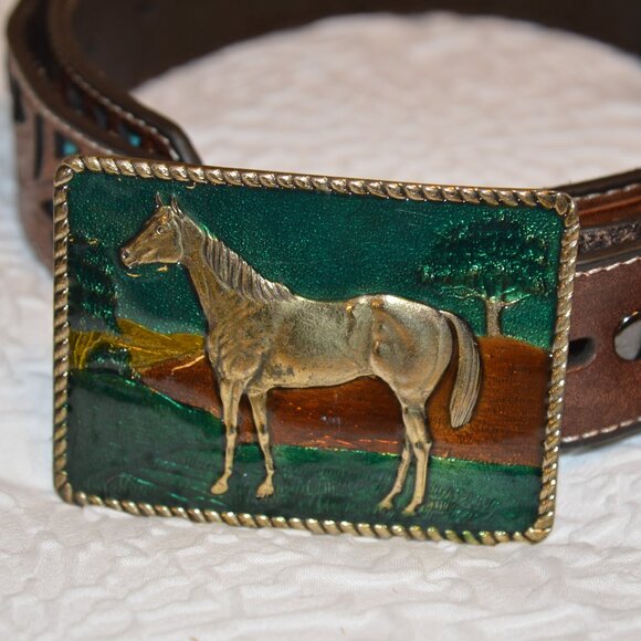 D748 Vintage 1979 Quarter Horse Belt Buckle with Ariat Tooled Inlay Rose Belt main image 7